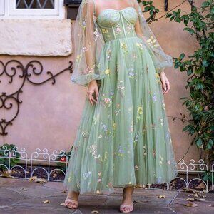 Olive Green Elegant Women's Romantic Prom Dress With Princess Puff Sleeves